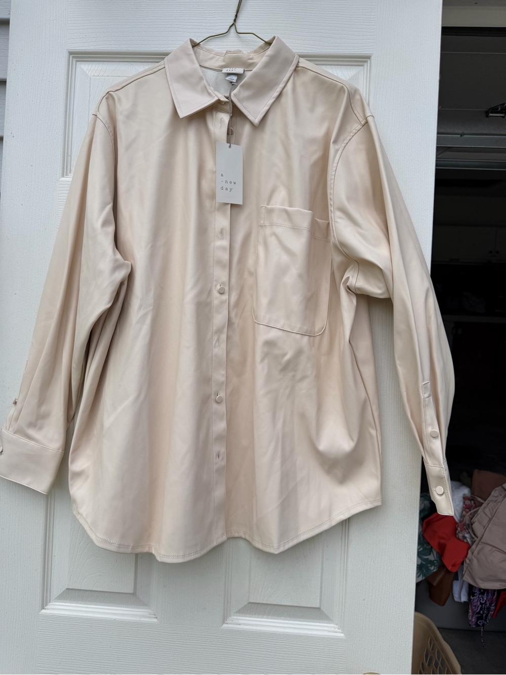 a new day Beige Oversized Faux Leather Button-Down Shirt